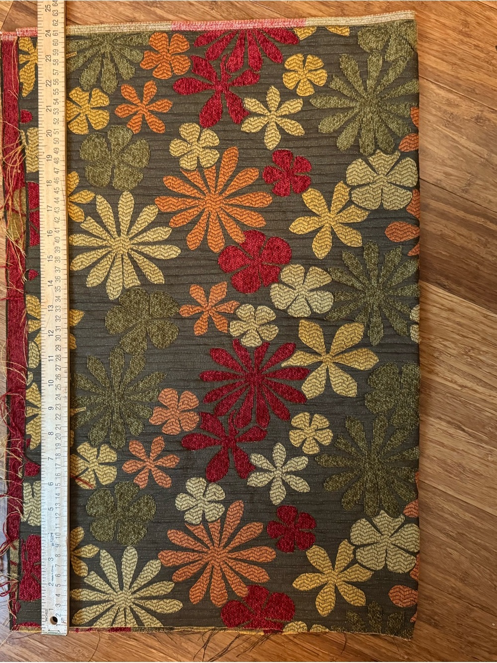 Home Accents Floral Jacquard Upholstery Fabric - Olive with Red & Gold Accents